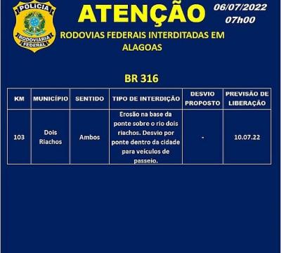 Cinco trechos de BRs estão interditados em Alagoas por consequência das chuvas